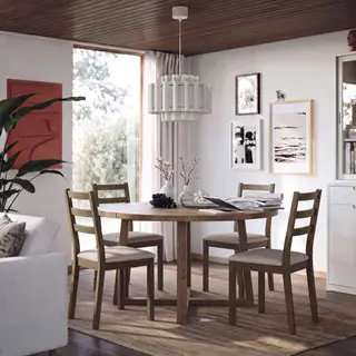 MÖRBYLÅNGA/TONSTAD set: table + chair x4, oak veneer brown stained + brown oak effect/Fridtuna light beige, 145 cm