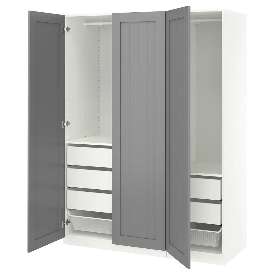 An open PAX wardrobe with grey and white colours. The wardrobe includes shelves and compartments, designed for efficient storage.