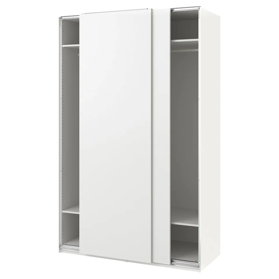 A white ikea PAX wardrobe with sliding doors and adjustable interiors. Its ideal for efficient clothing storage.