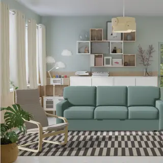 BÅRSLÖV/LUBBAN set: 3-seat sofa-bed + trolley table with storage, Tibbleby light grey-turquoise + rattan/anthracite, Depth 109 x Height 75 x Width 236 cm