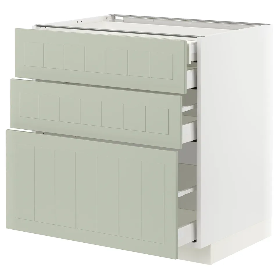 Ikea METOD kitchen unit in green with multiple drawers.