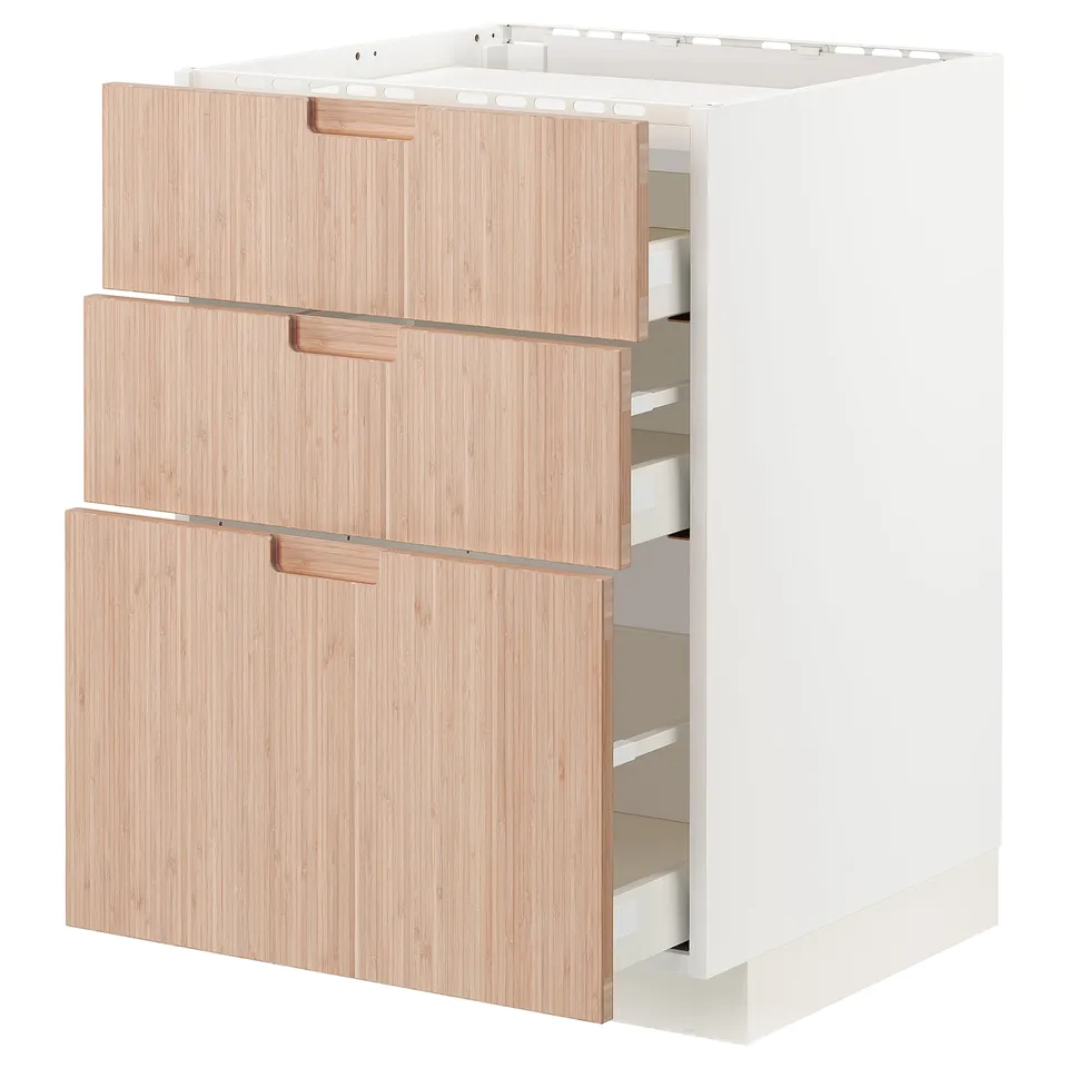 Modern kitchen cabinet with 3 bamboo drawers, light wood finish, white base, sleek design.