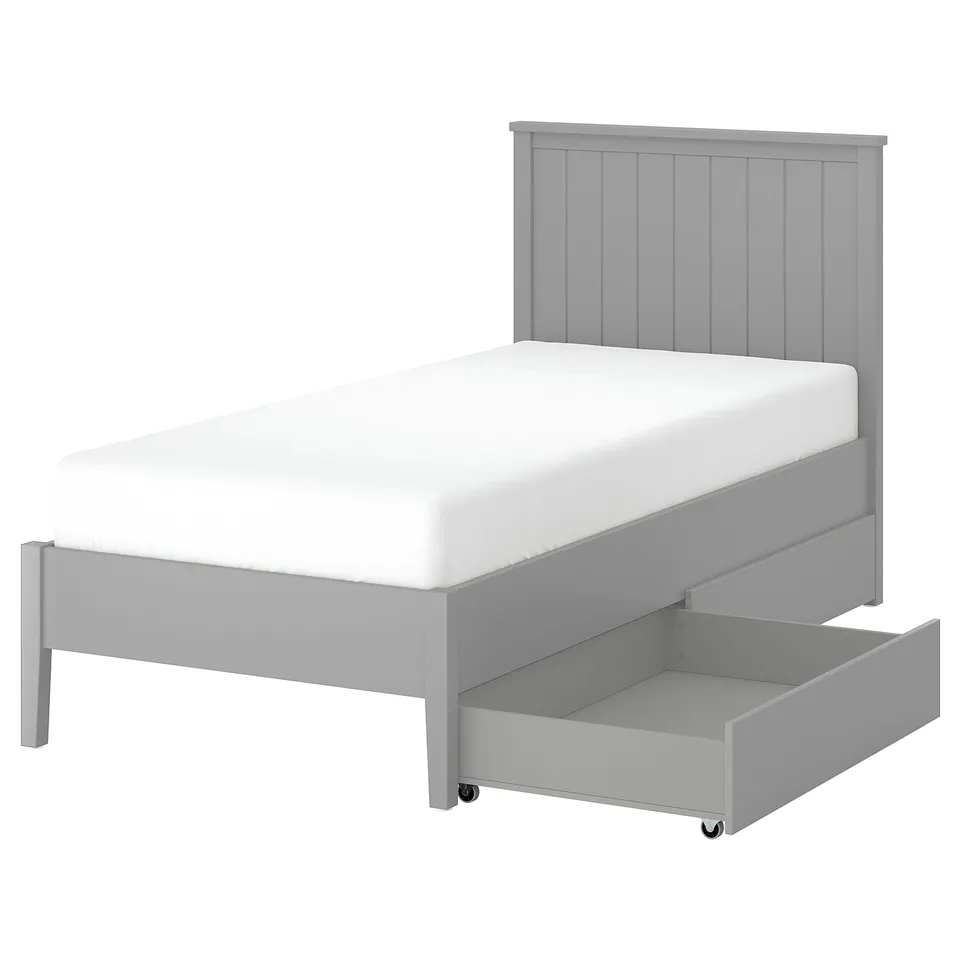 GULLABERG bed frame, grey, wood, rectangular, traditional design, white mattress, two drawers.