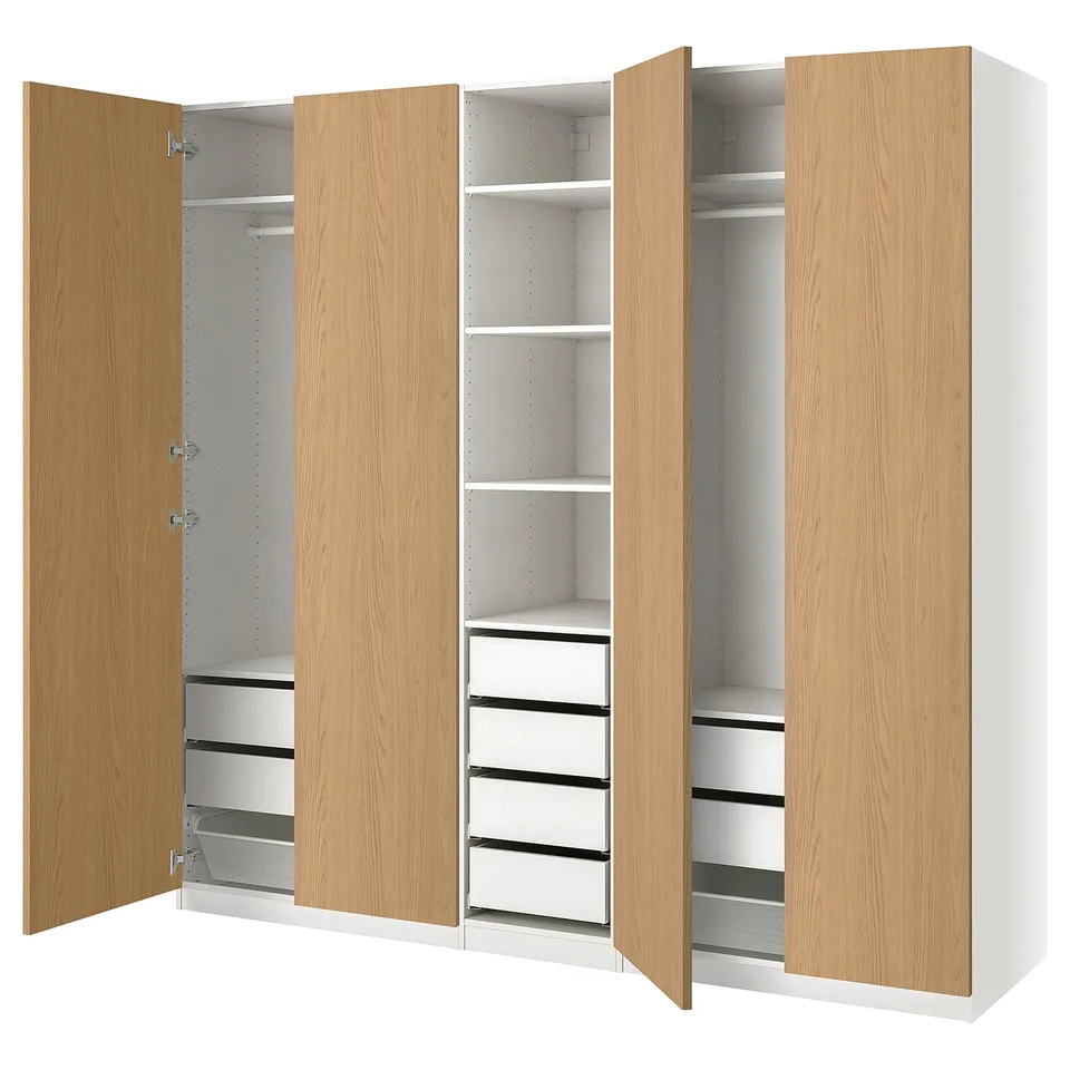 PAX wardrobe: 3 section, light wood, white interior, shelves & drawers.