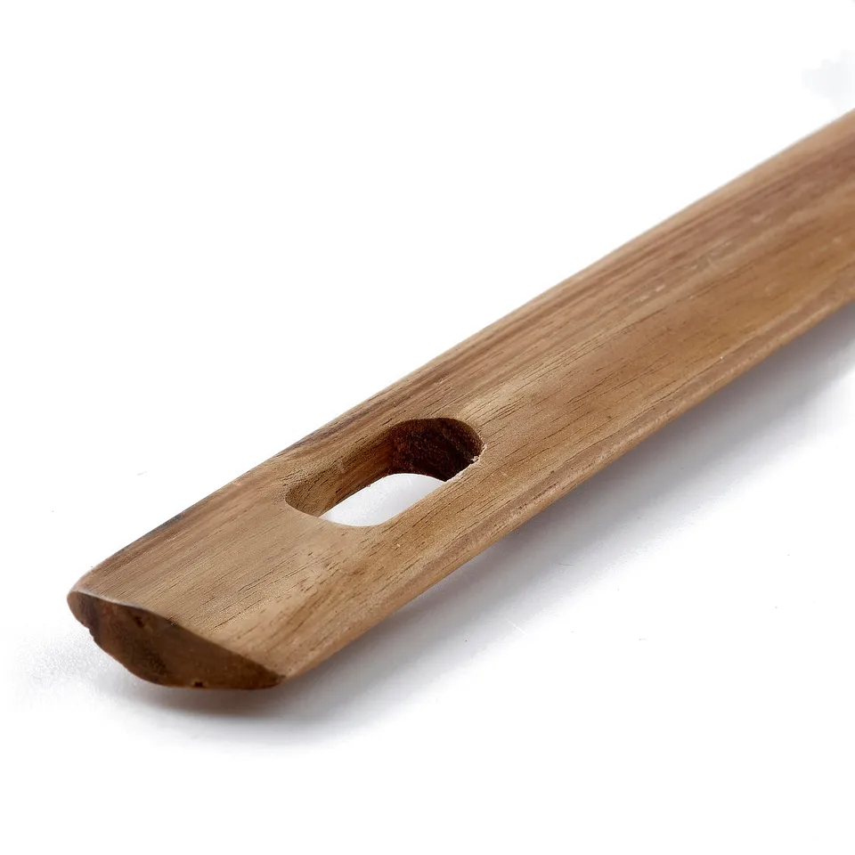 Wooden kitchen tool with smooth handle and hanging hole, acacia wood with clear lacquer finish.