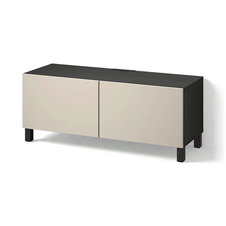 BESTÅ TV bench with doors, black-brown/Lappviken/Stubbarp light grey/beige, 120x42x48 cm