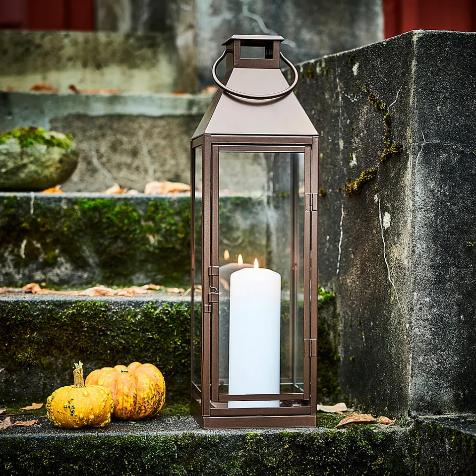 HÖSTAGILLE Lantern for pillar candle, in/out, copper-colour, 70 cm