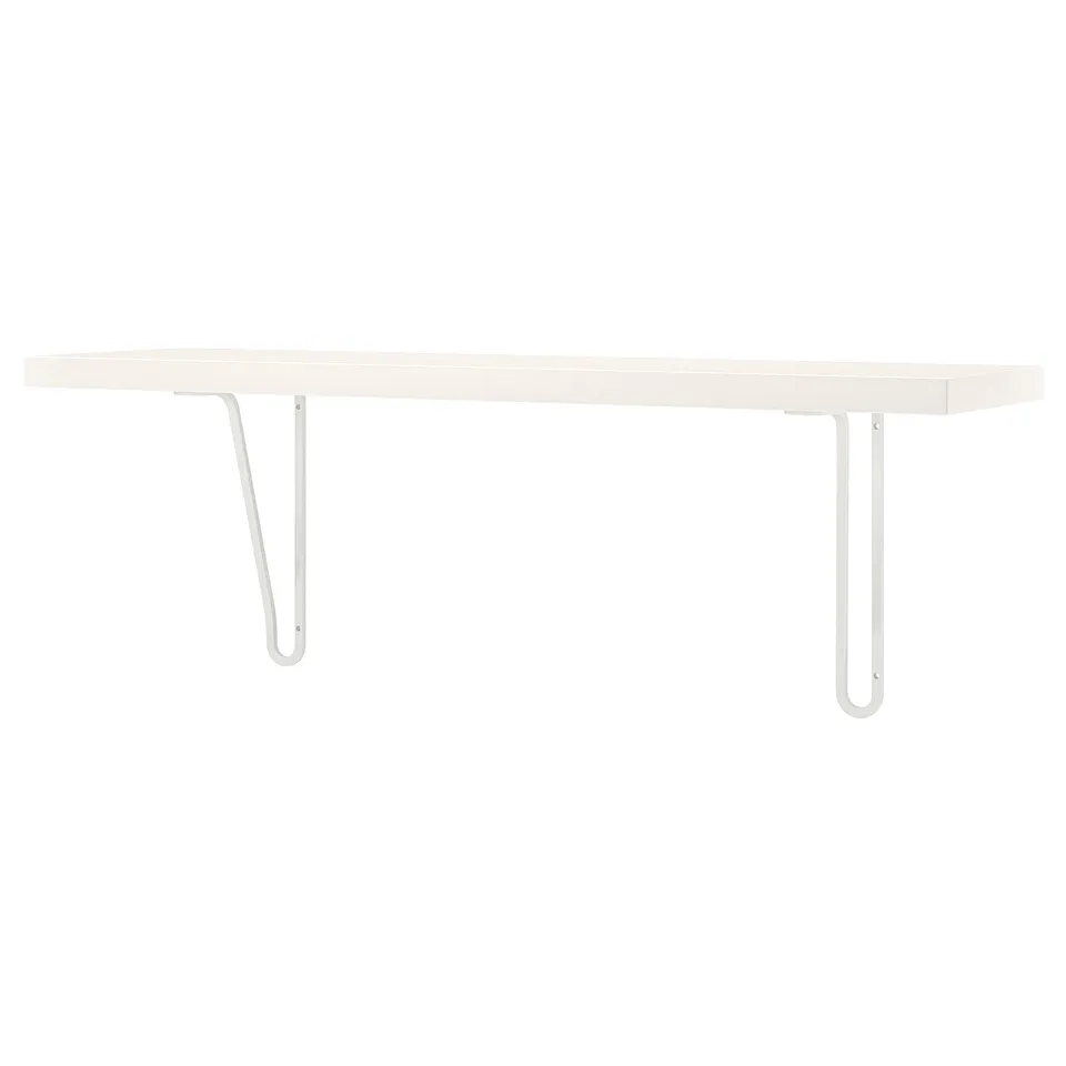 A white wall-mounted shelf with minimalist design supported by two white metal brackets.