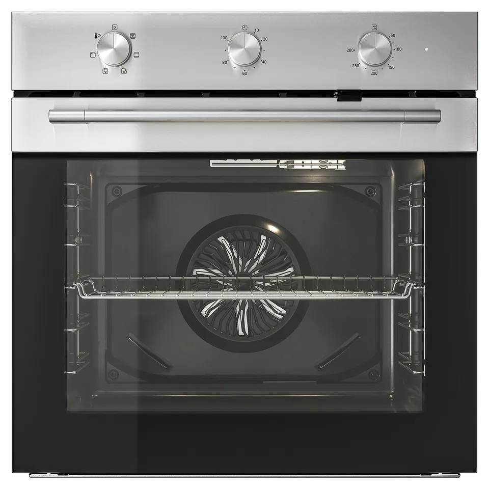 FRILLESBO stainless steel oven: sleek silver design, four knobs, glass door, two racks.