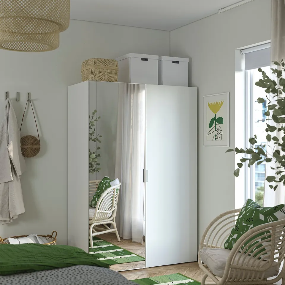 PLATSA Wardrobe with 2 doors, white STRAUMEN mirror glass/FONNES white, 120x57x181 cm