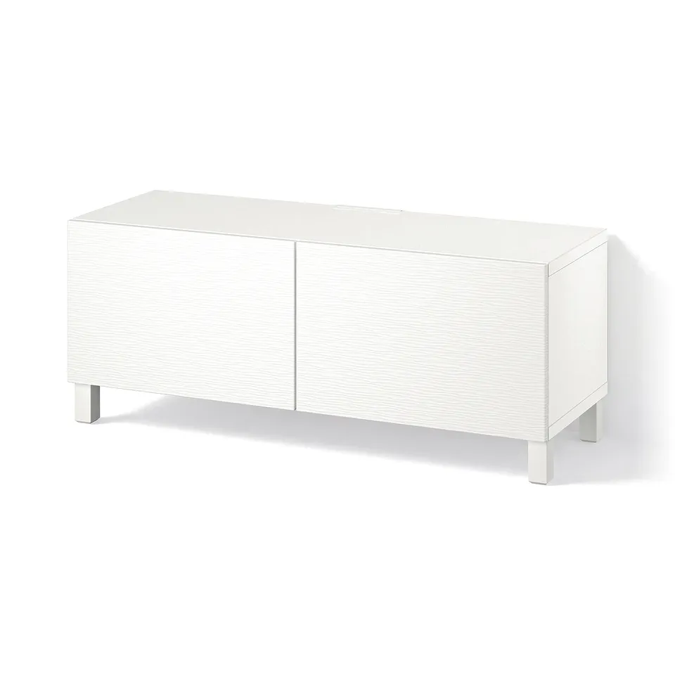 BESTÅ TV bench with doors, white Laxviken/Stubbarp/white, 120x42x48 cm