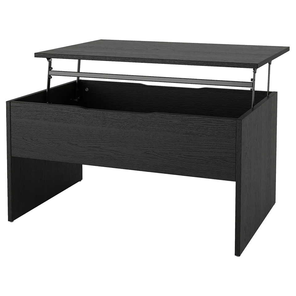Black adjustable coffee table, ÖSTAVALL, with lift-top, hidden storage, clean lines.