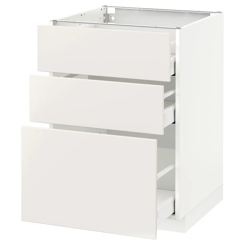 METOD kitchen unit, white, three-drawer design, modern and minimalist.