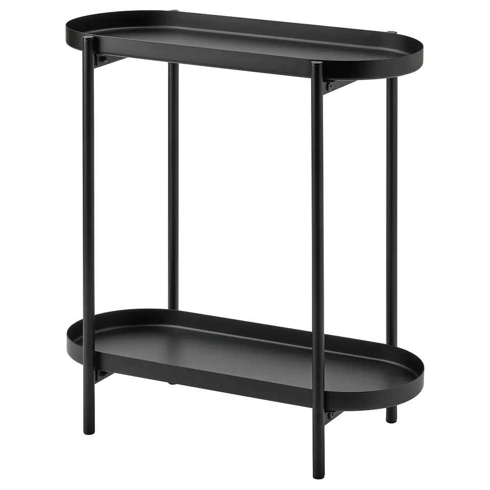 The OLIVBLAD black metal plant stand with two oval shelves, suitable for displaying plants or decor.