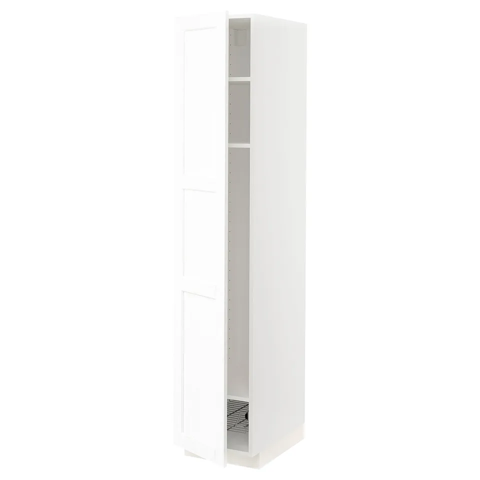 White METOD kitchen cabinet with adjustable shelf, left or right door option, subtle grain texture.