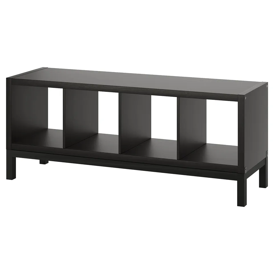 KALLAX black shelving unit, rectangular, 3 open sections, steel legs.