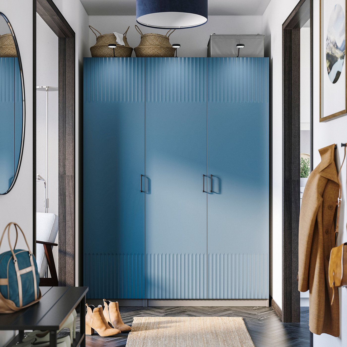 Blue PAX wardrobe with mirrors, baskets, desk, lamp, and coat rack.