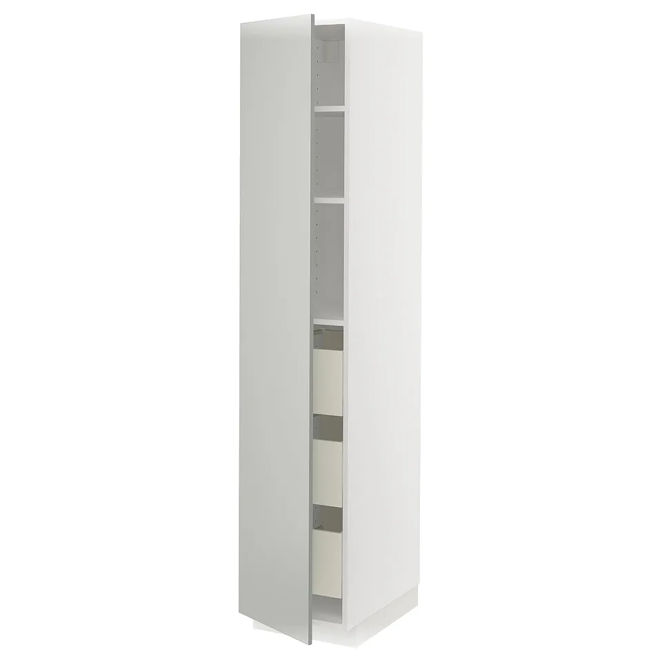 A white METOD kitchen cabinet with open doors, revealing inner shelves. Its tall, rectangular, and has a sleek, modern design.