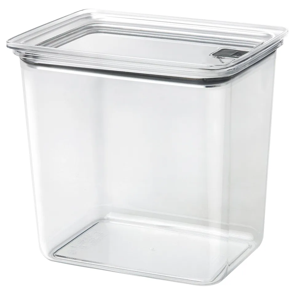 Clear plastic storage jar, KORALLVIPPA, square shape, airtight lid, transparency for visibility, sealed for freshness.