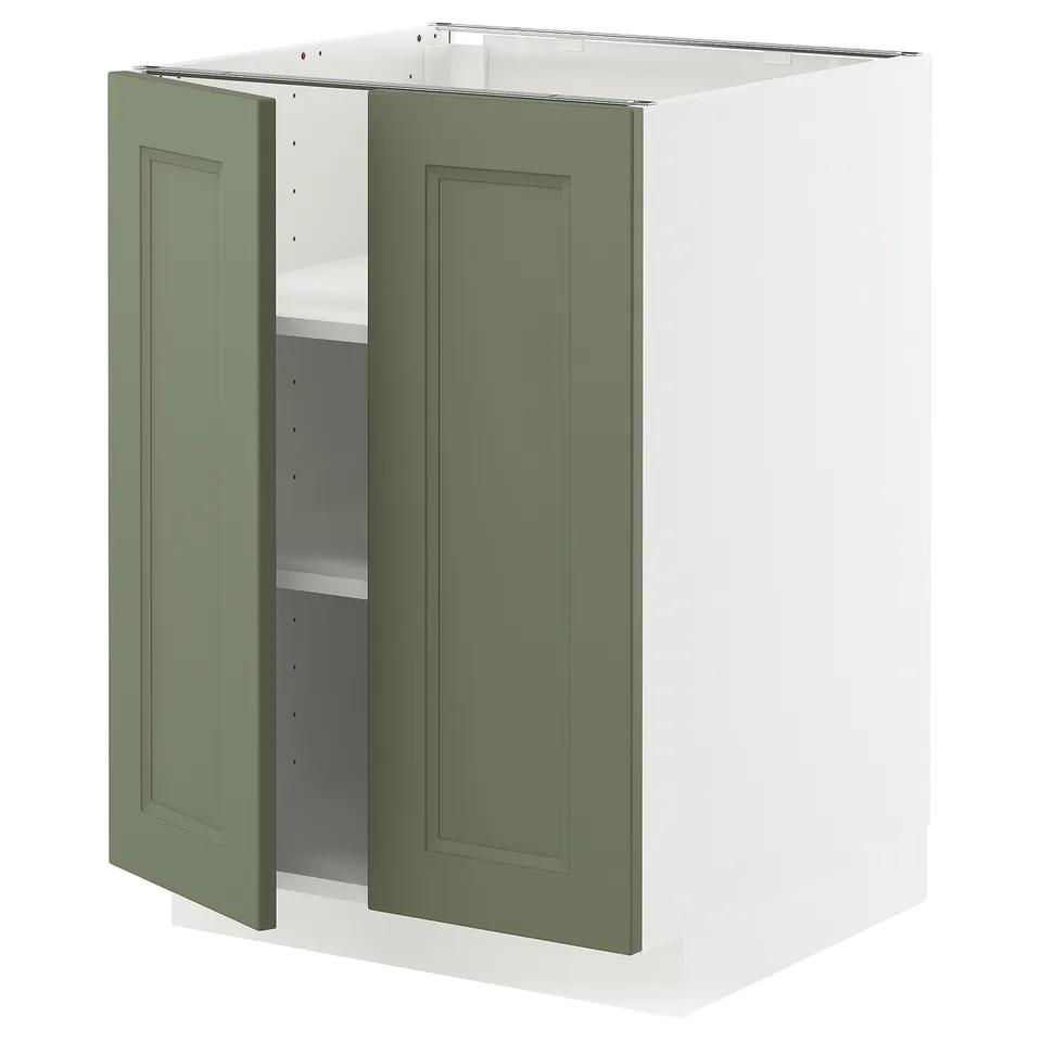 Green two-door kitchen cabinet with white frame, modern design.