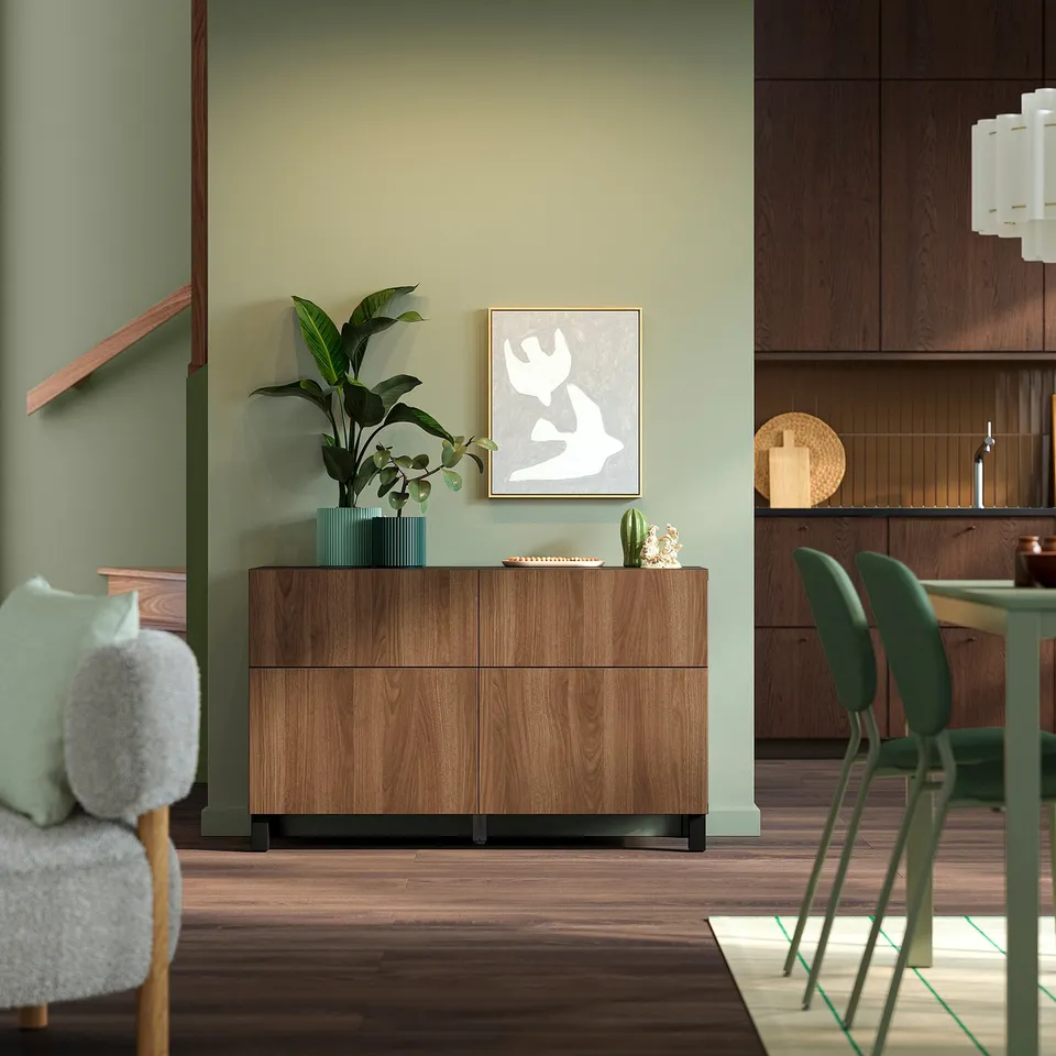 BESTÅ Storage combination w doors/drawers, black-brown Lappviken/Stubbarp/brown walnut effect, 120x42x74 cm