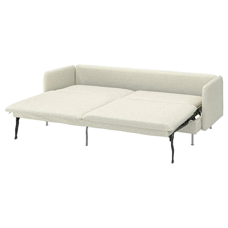 SÖDERHAMN sofa-bed, beige, light grey fabric, minimalist design, low profile, convertible.