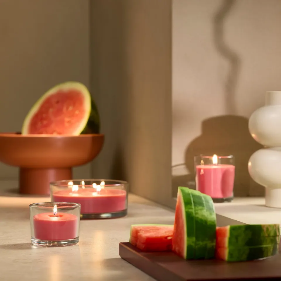 LOTSFÅGEL Scented candle in glass, 3 wicks, Watermelon bright pink, 25 hr