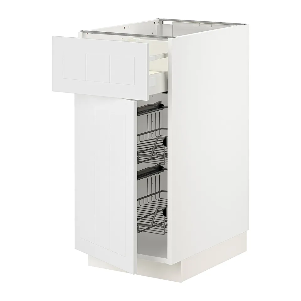 White METOD kitchen cabinet with drawers, sleek and modern design.