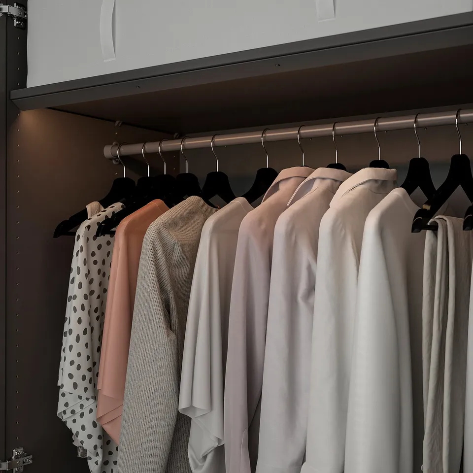 Closet with lighted rail; garments hanging neatly.