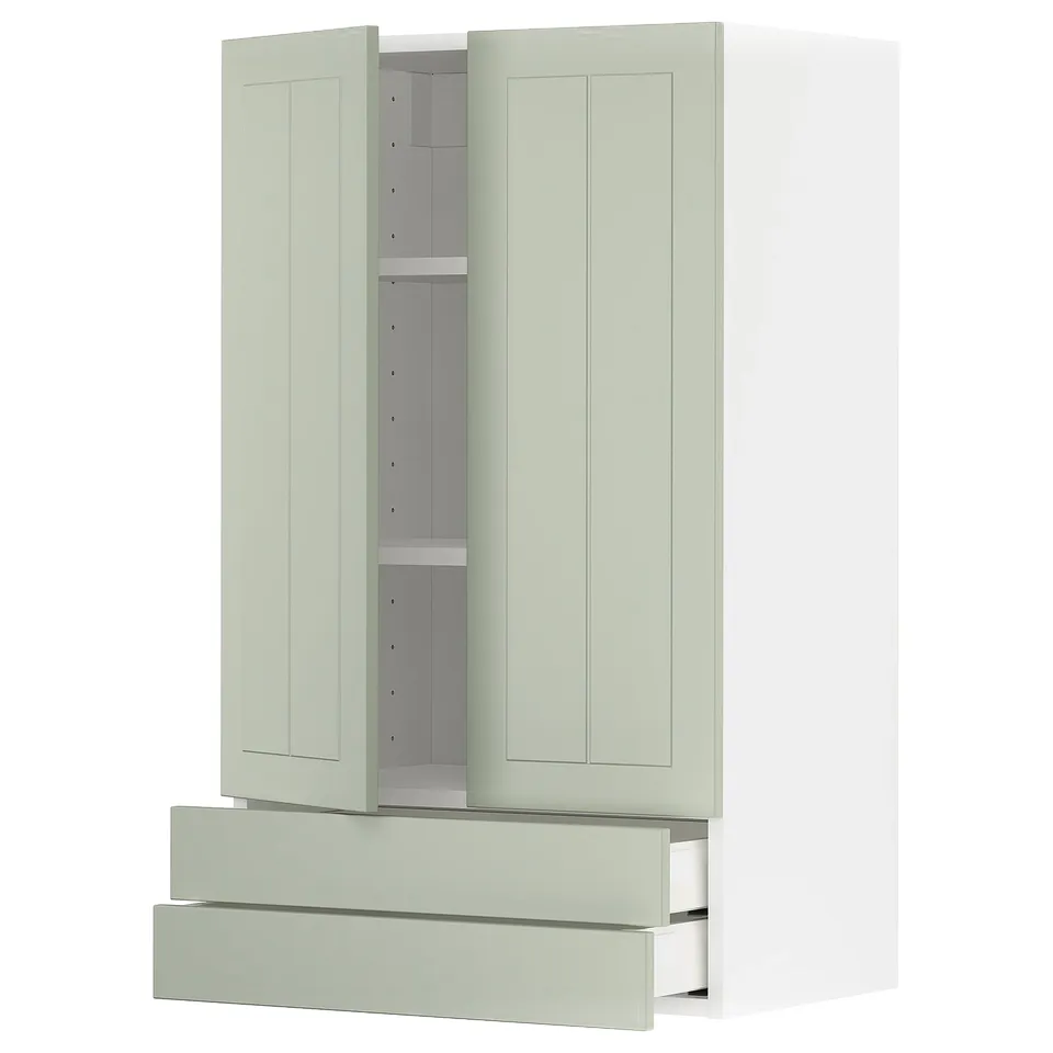 METOD kitchen cabinet: light green, shaker-style with 2 drawers and 1 shelf, modern design.