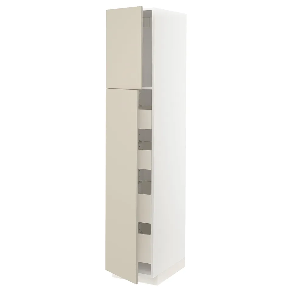 A tall, white METOD kitchen cabinet with beige havstorp fronts. It has multiple shelves and a smooth, rectangular shape.