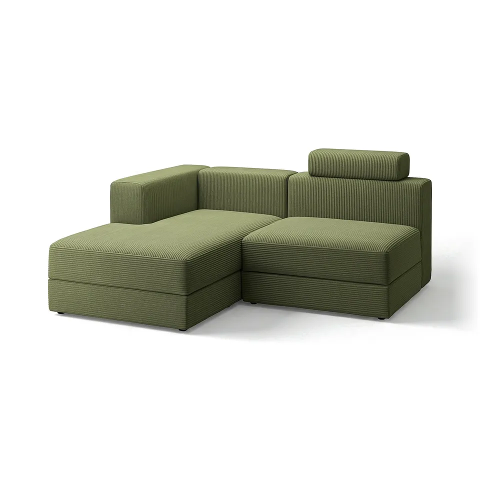 Modern olive green modular sofa, rectangle shape, easy-clean fabric, multiple sections.