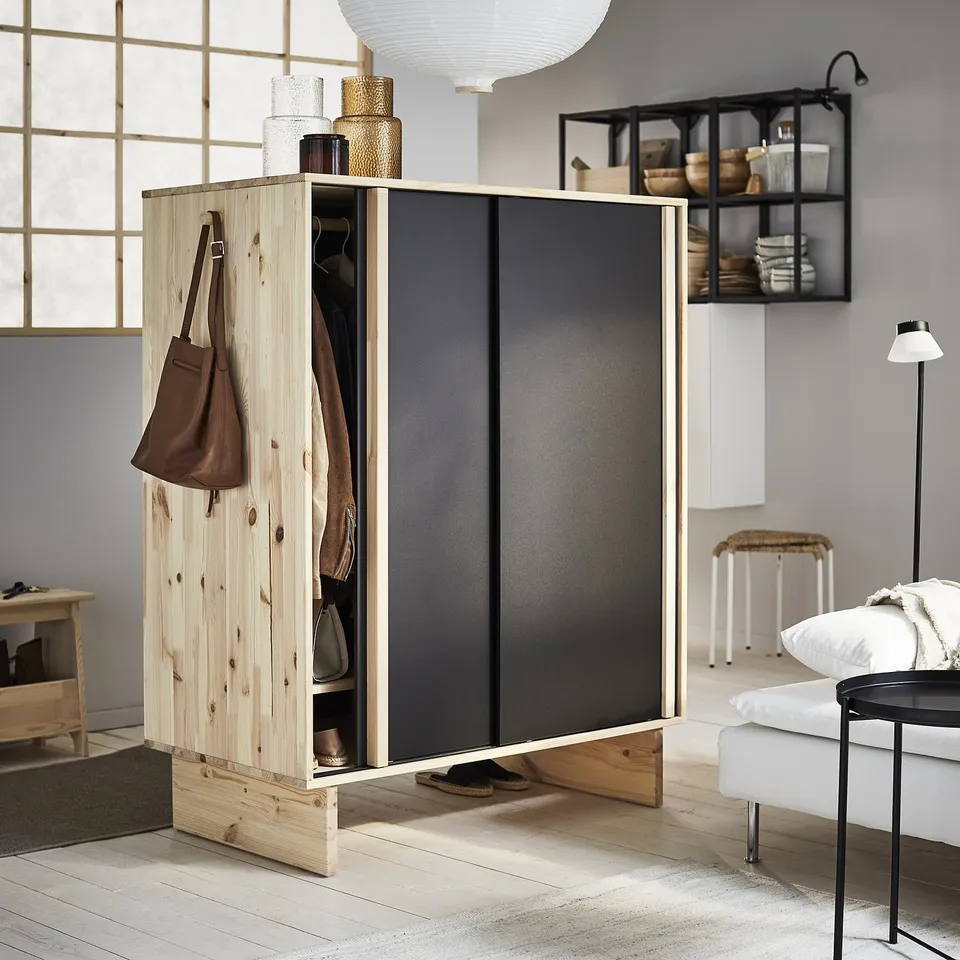 GLAMBERGET light wood wardrobe with black doors, spacious, centre room divider.