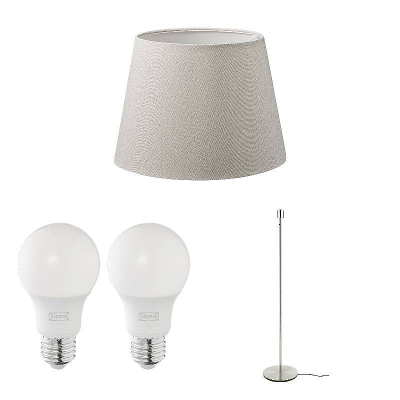 SKAFTET/SKOTTORP/SOLHETTA set: lamp shade + LED bulb E27 806 lumen + floor lamp base, light grey + dimmable/globe opal white + nickel-plated, 42 cm