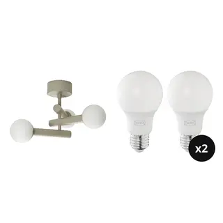 KRANBALK/SOLHETTA set: ceiling lamp + LED bulb E27 806 lumen x2, beige + dimmable/globe opal white, Height 37 x Width 49 cm