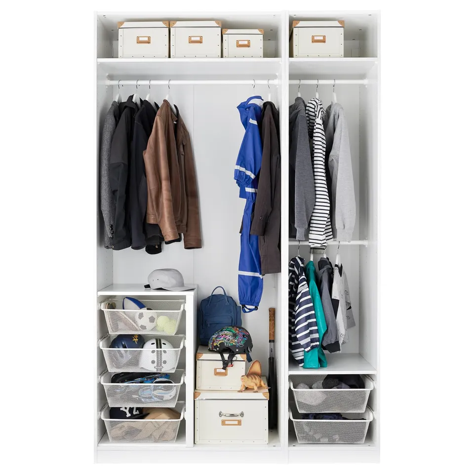 Well-organized wardrobe with clothes hangers, shelves, and storage bins.