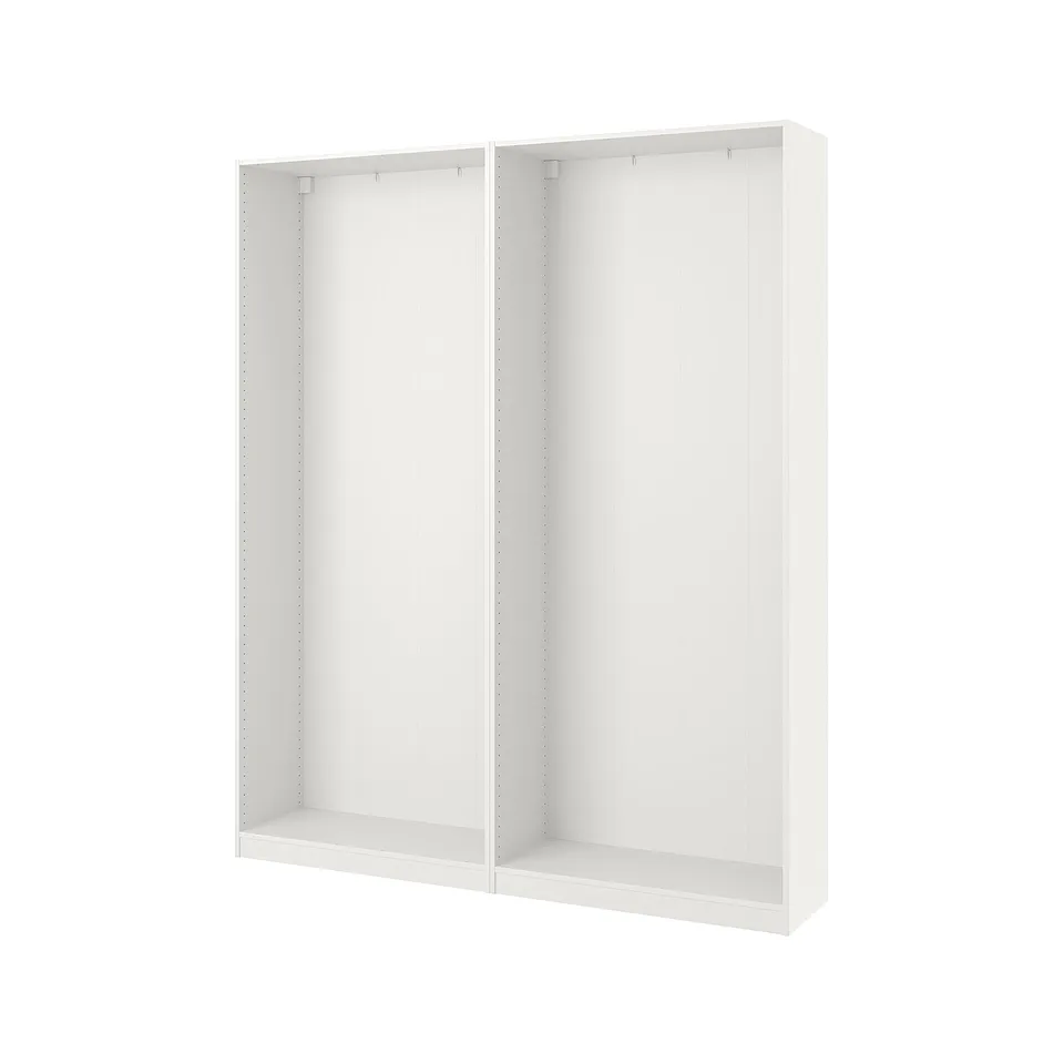 White ikea PAX wardrobe frame with open interior, no doors.
