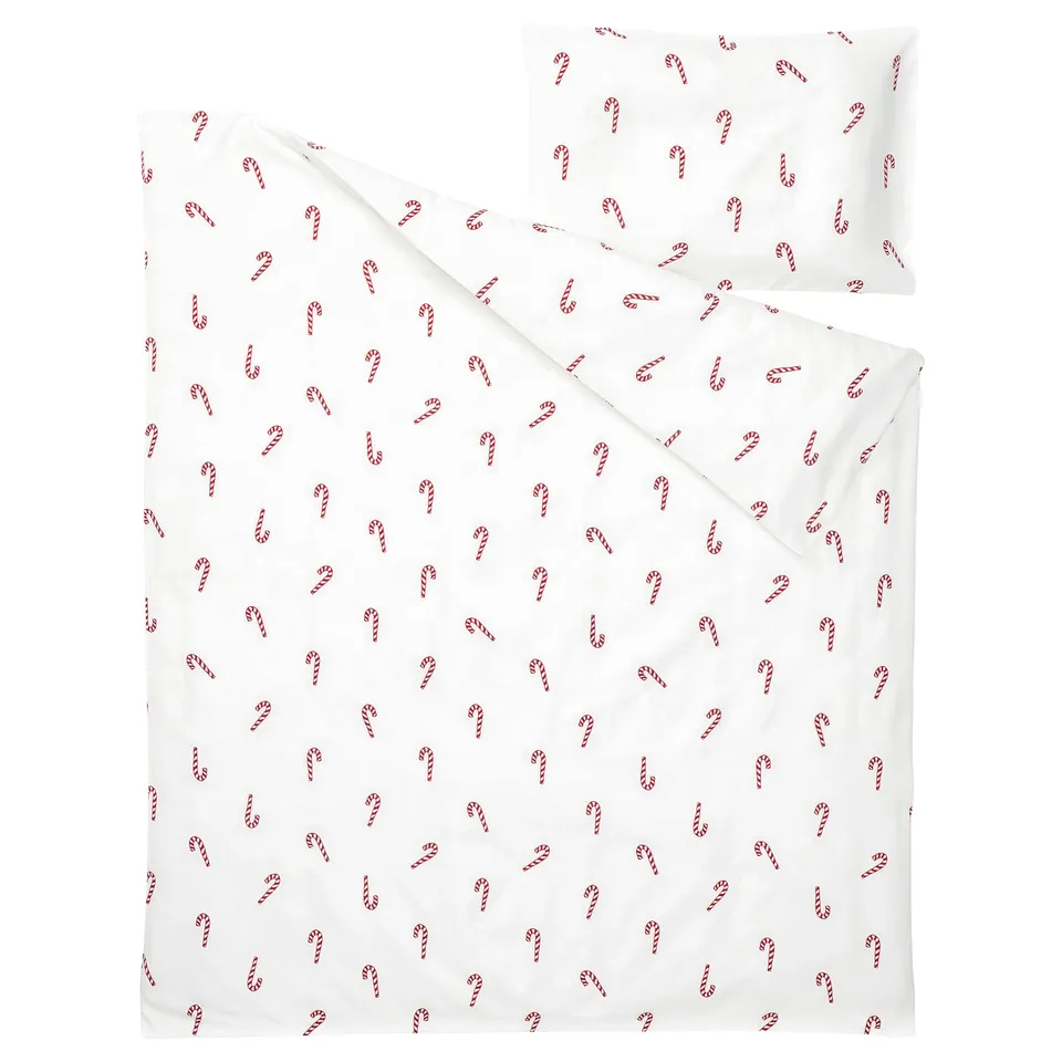 LÖVSÅNGARE Duvet cover 1 pillowcase for cot, candy cane pattern, 110x125/35x55 cm