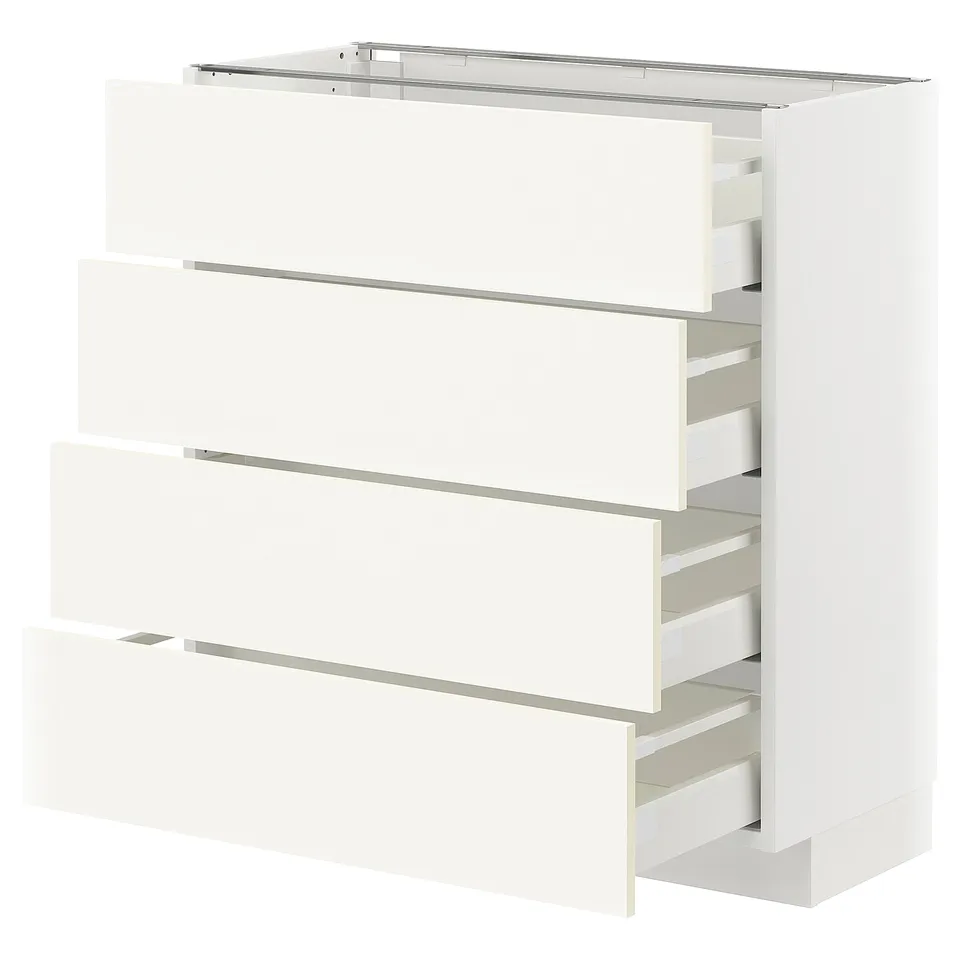 METOD white kitchen cabinet with four drawers and a shelf.