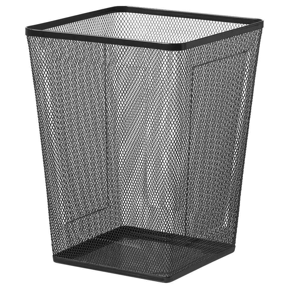 Black square bin, sturdy mesh design, protective feet, modern look.
