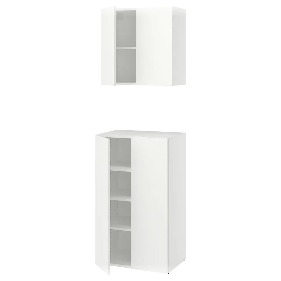 LASTARE white cabinets: tall & wall-mounted, minimalist design, white particleboard, adjustable feet.