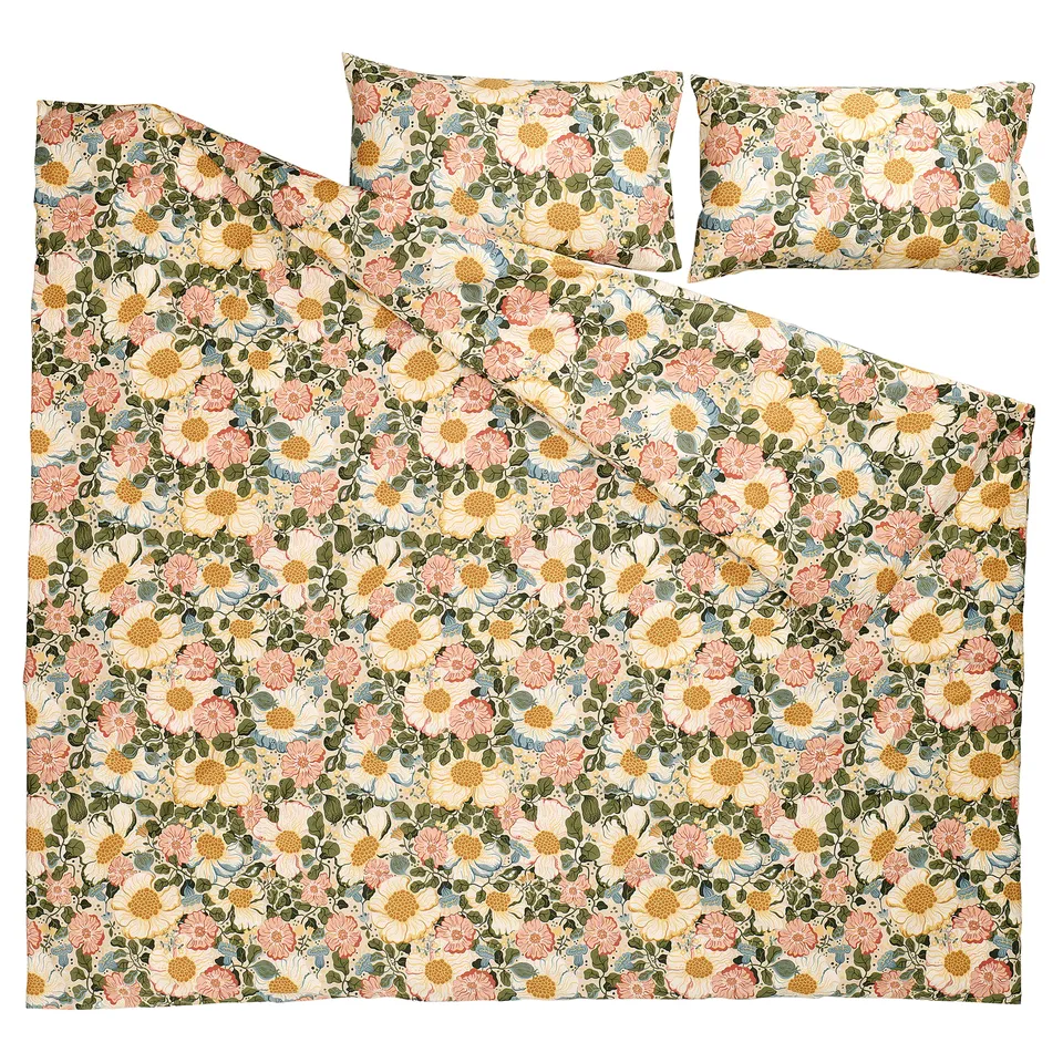 Beige floral comforter set, pink/yellow/green, silky recycled cotton/lyocell, 1 comforter, 2 pillowcases.