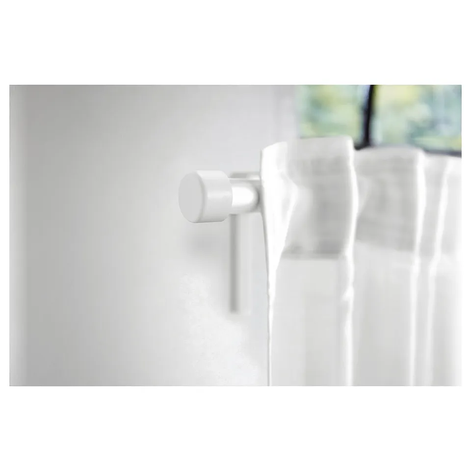 White minimalist finials, round shape, recycled plastic, elegant design for curtain rods.
