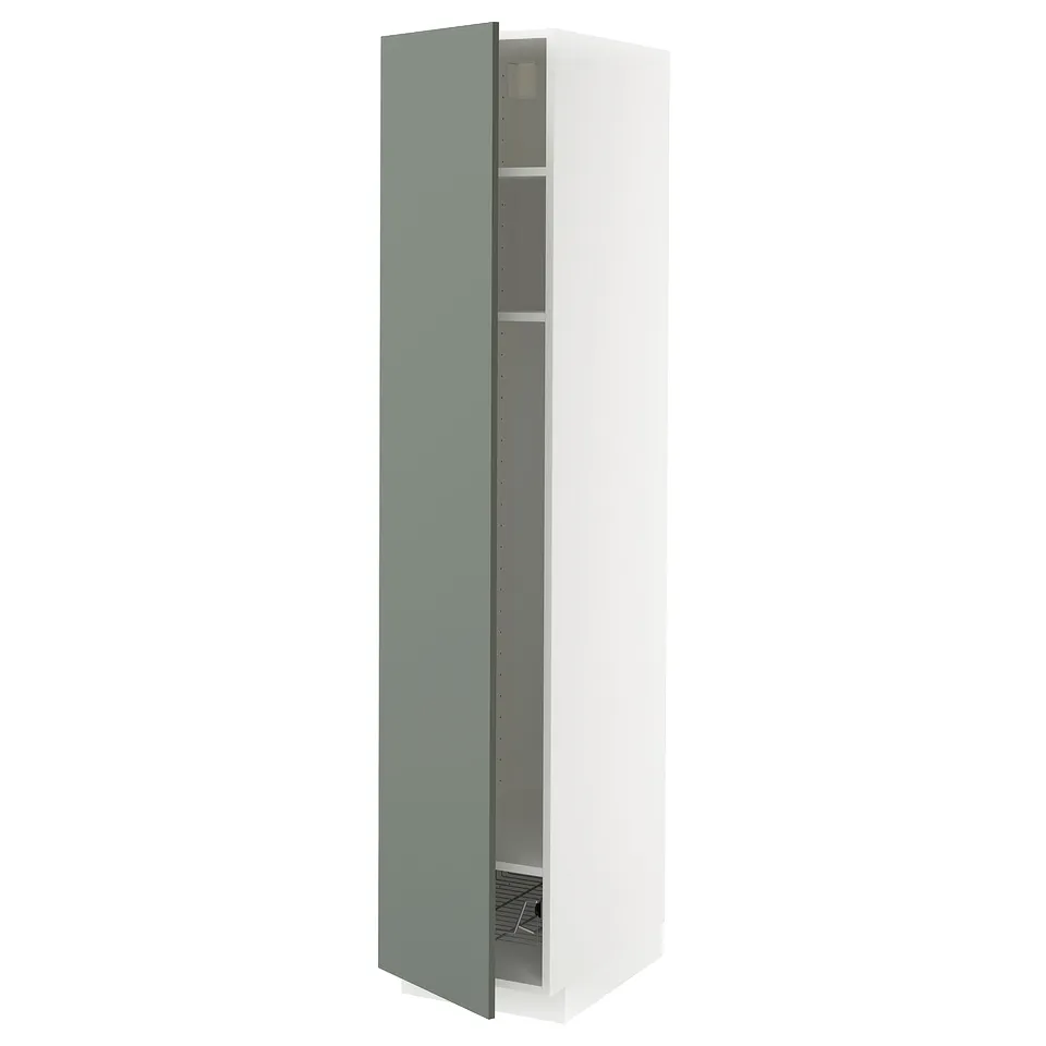 A tall, modern kitchen cabinet in white with a gray-green door partially open, revealing two wire shelves.
