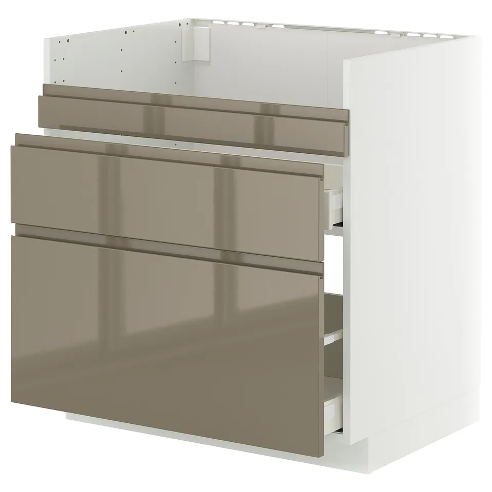 Modern kitchen cabinet, METOD series, white & metallic, with three drawers, sleek & streamlined design, metallic handles, high gloss finish.