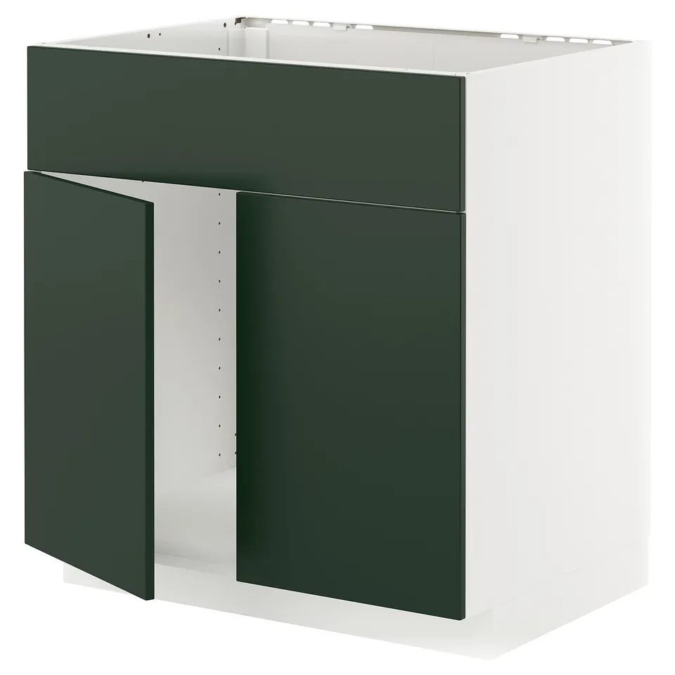 METOD white cabinet with dark green doors.