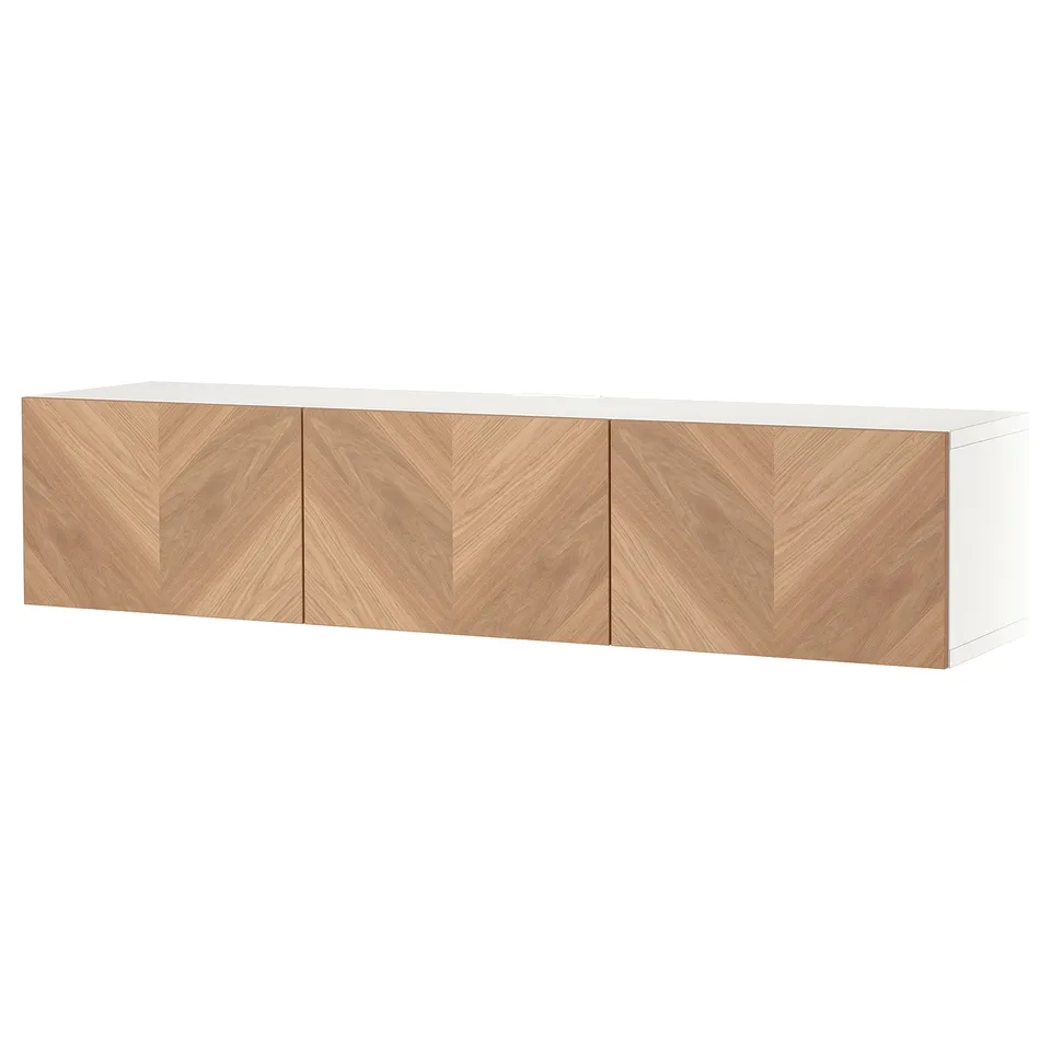 Modern BESTÅ tv bench in light oak and white, rectangular shape with minimalist design, featuring herringbone pattern wooden doors and storage space.