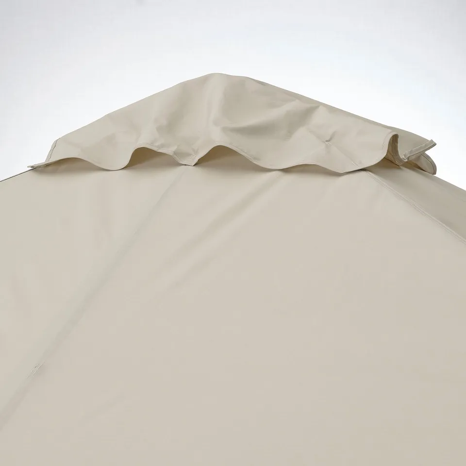 Close-up of a stylish, durable, beige outdoor canopy made from recycled materials.