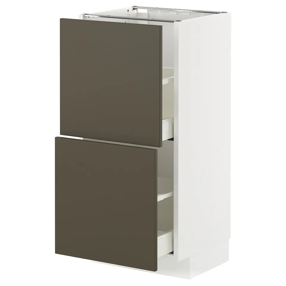 A white METOD kitchen cabinet with dark brown havstorp fronts. It has two drawers, a sleek modern design, and a sturdy frame.