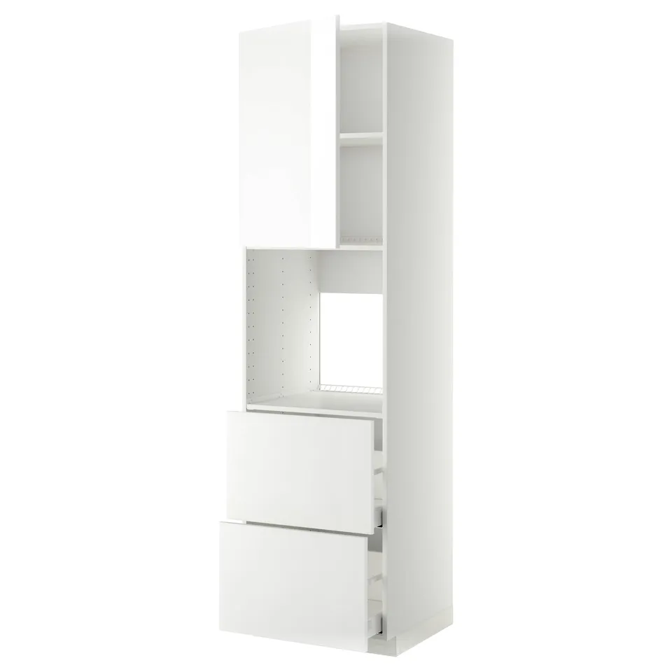 White kitchen cabinet set, glossy finish, with drawers and shelves, modern design.